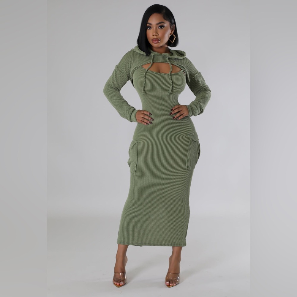 2 Piece Ribbed Dress Set/w Hoodie